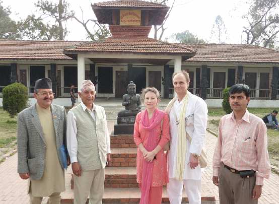 09-Pashupatinath Yagya site - 09.jpg - Standing in front of the current Yagya site is Raja Kingsley and Mother of the Domain Leslie; with Deepak Baskota who is National Director of Nepal; a temple organizer; and at far left the head of Pashupatinath Trust.